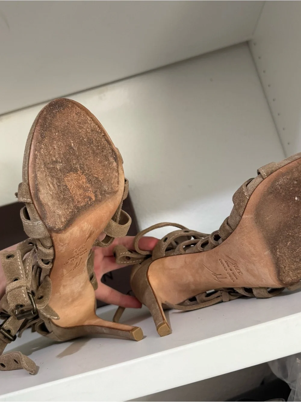 Giuseppe Zanotti Taupe Suede Strappy Lace-Up Heels